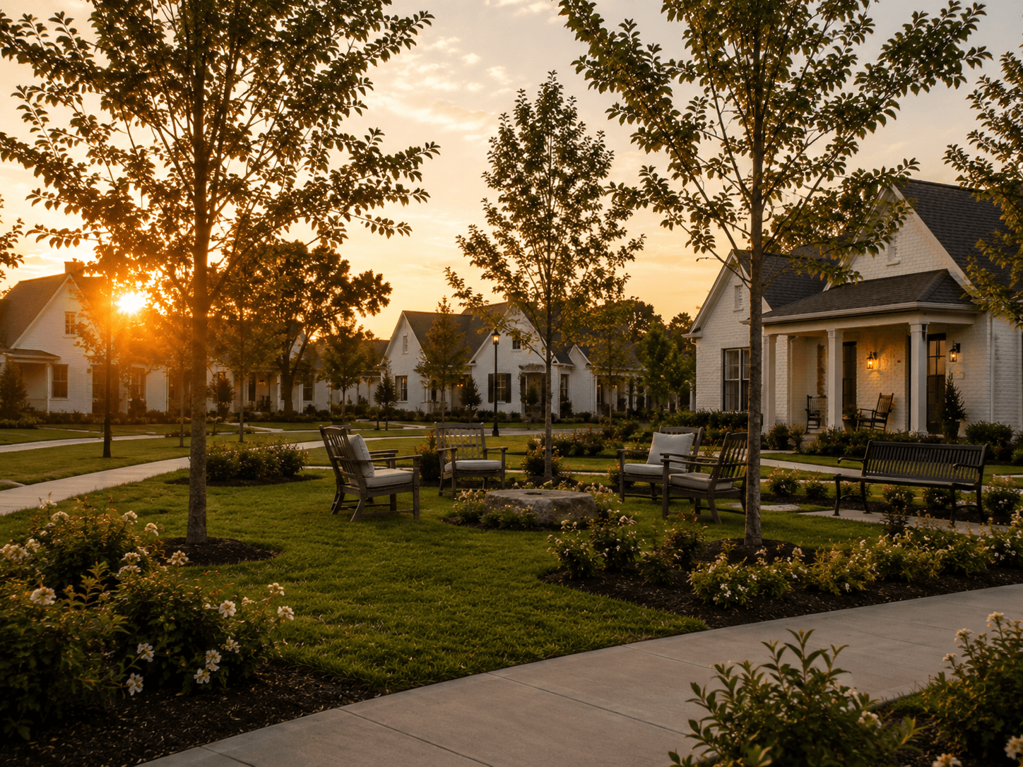 Shaded green space with paths and seating