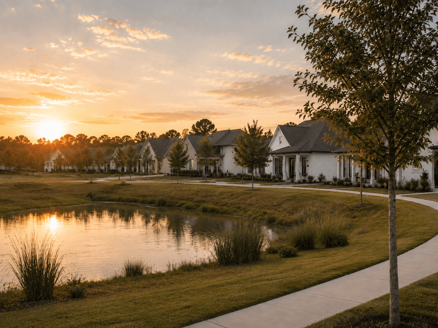 Open green space and water feature from a distance