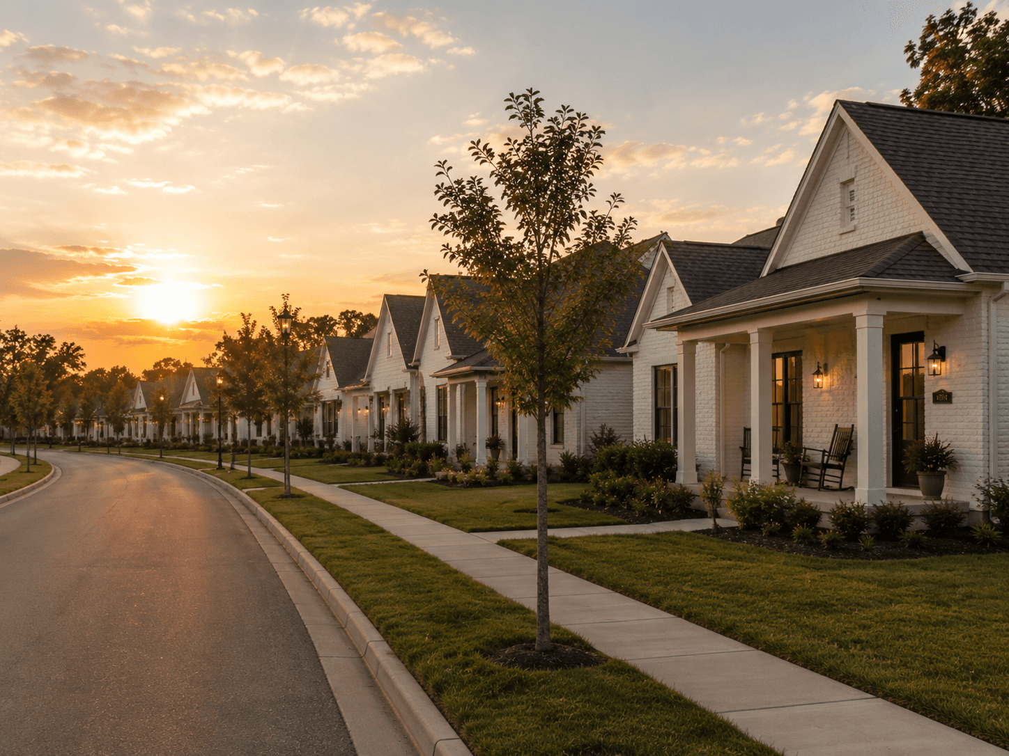 Wide neighborhood street with homes, sidewalks, and landscaping